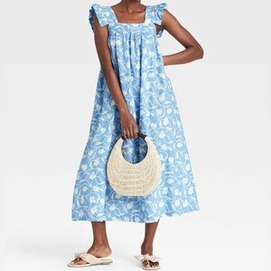 A New Day Linen Floral Blue and White Nap Dress